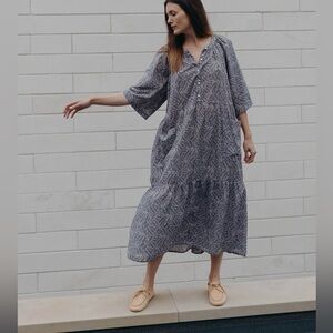 Esby | Callie Dress in Denim Palm Leaf